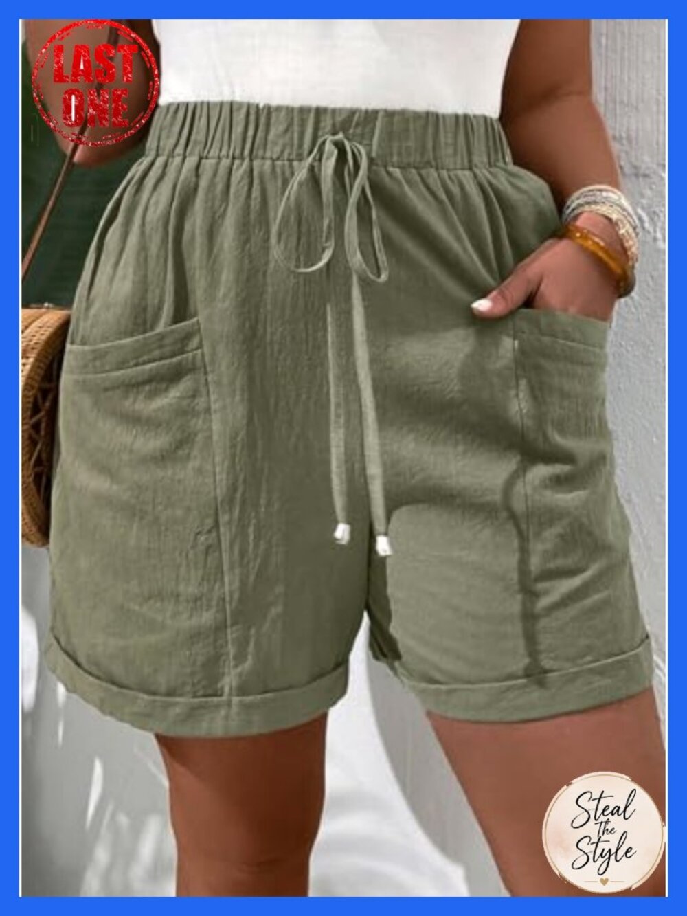 Plus Size Cotton High Rise Drawstring Shorts with Pockets - Picture 3 of 6
